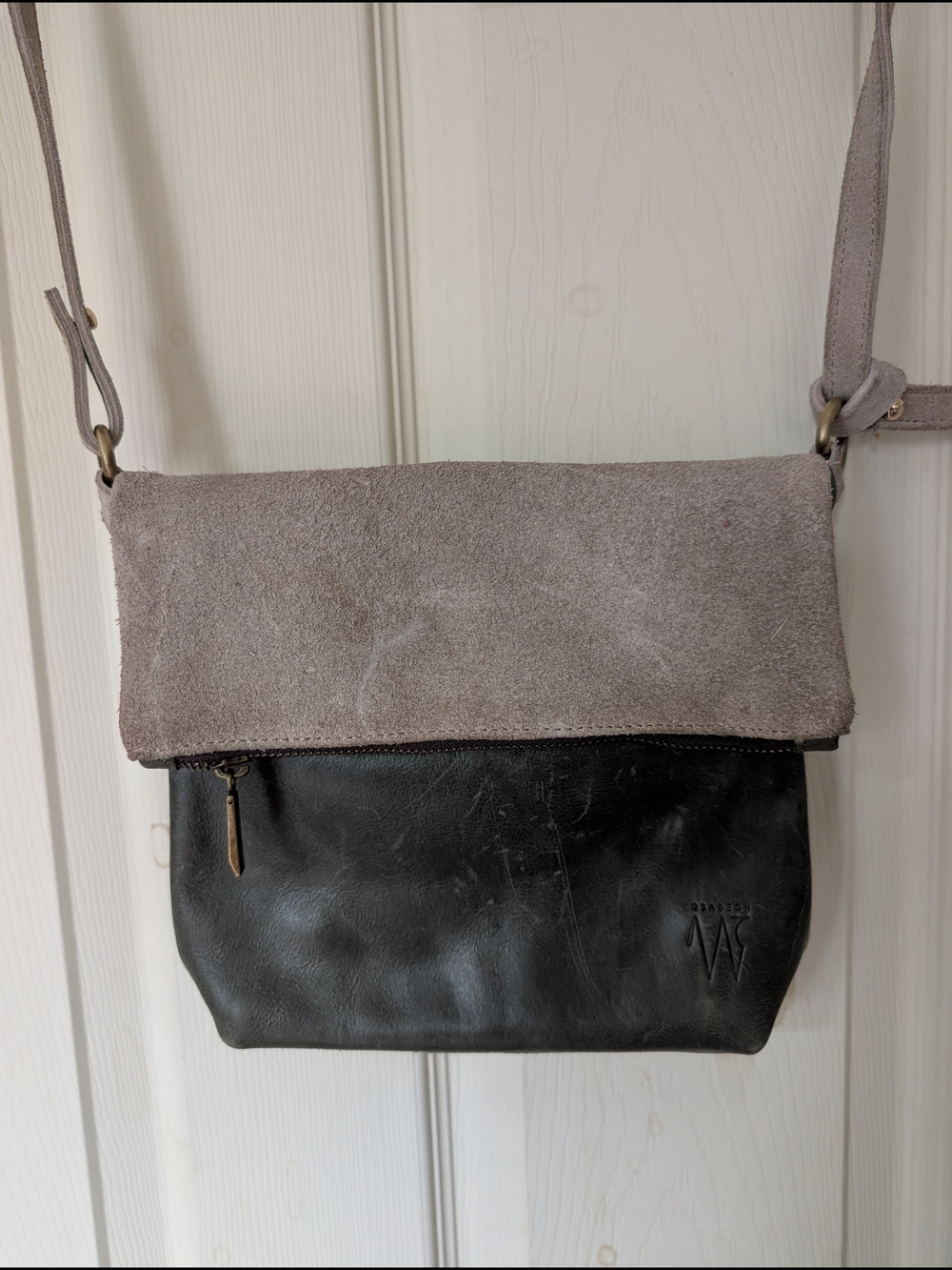Ethiopian Suede Leather Foldover Crossbody Bag Two-tone in Gray & Black/Blue